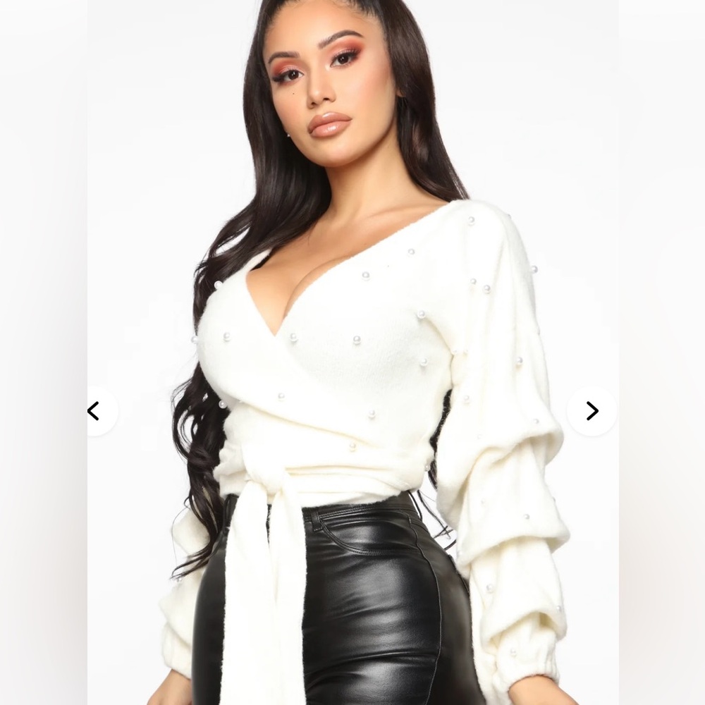 Fashion Nova White Pearl-Embellished Wrap Sweater